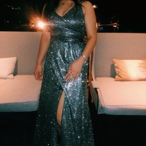 Silver glitter shimmer slit formal dress